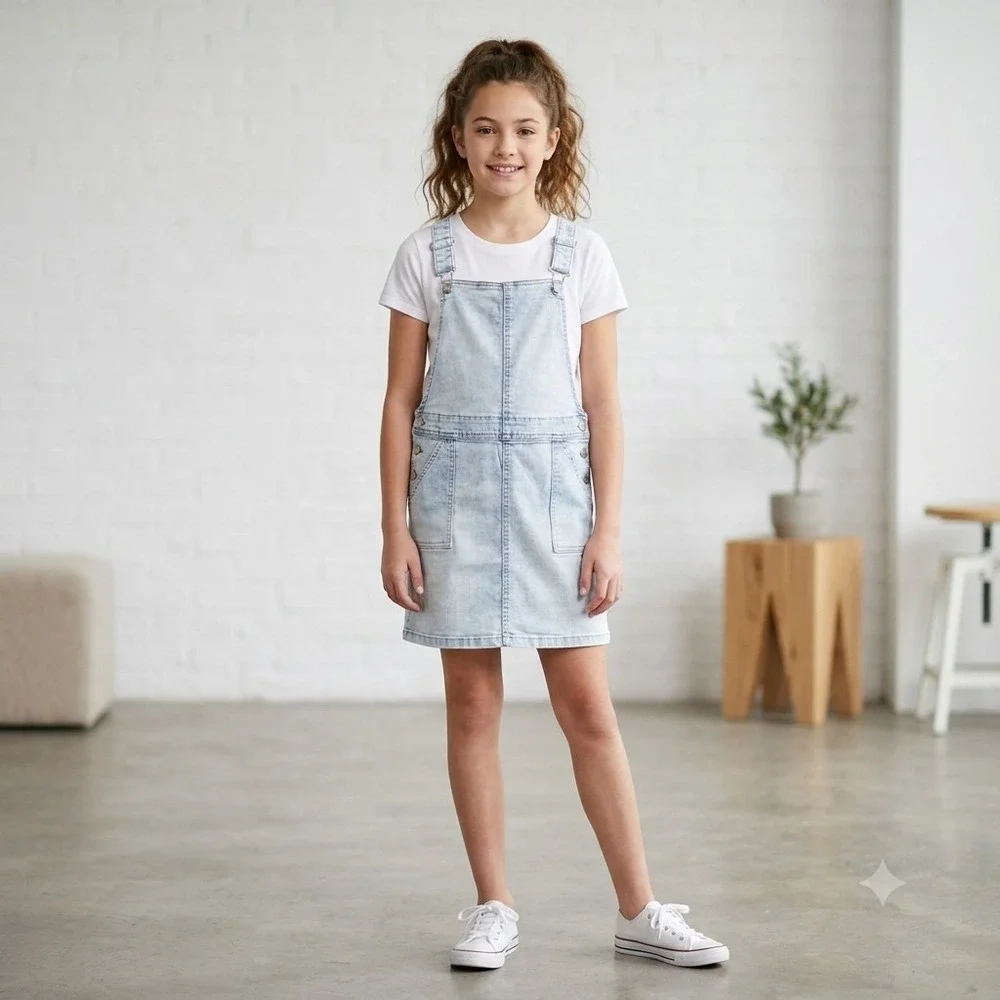 Girls Art Class Denim Overalls Jeans Dress Size Large 10-12 Light Blue Pockets